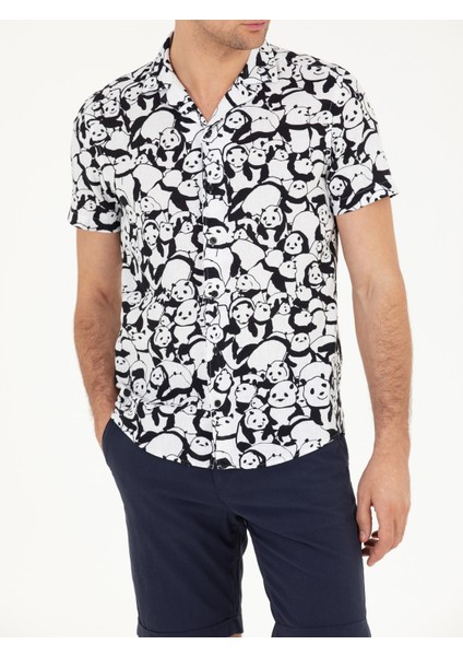 Erkek Siyah Slim Fit Keten Karışımlı Kısakol Gömlek 50265490-VR046