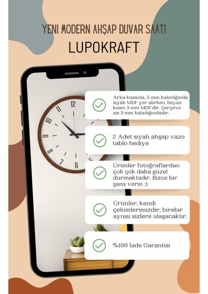Dekoratif Ahşap Ross 128 Duvar Saati - Siyah & Beyaz Mdf Çerçeveli, Modern Tasarım, Sessiz Mekanizma modelleri