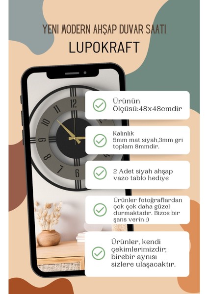 Büyük Boy Şık Ahşap Duvar Saati - Modern Tasarım Siyah Beyaz - Ev & Ofis Dekorasyonu -48CM fiyatları