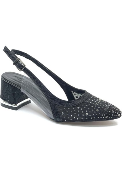 Feles Arkası Açık Şeffaf Taş Detaylı Sindirella Kadın Kısa Topuklu Ayakkabı