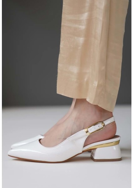 Feles Toka Detaylı Topuklu Arkası Açık Klasik Kadın Topuklu Ayakkabı Ayakkabı