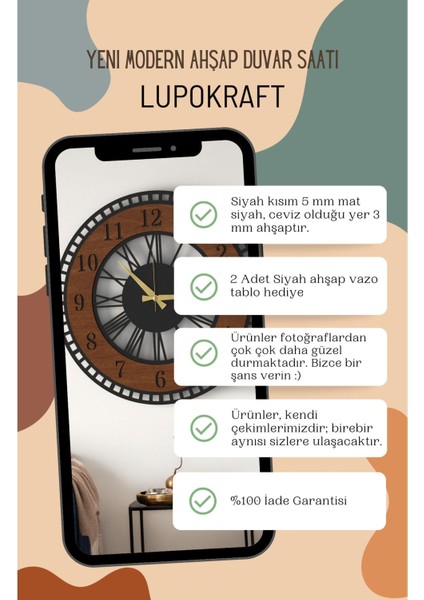 Modern Tasarım Siyah Ceviz Dekoratif Duvar Saati - Ev & Ofis Için Şık