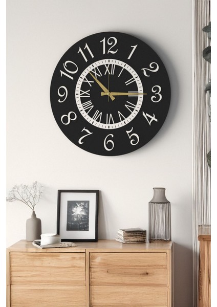 Siyah Yuvarlak Romen Rakamlı Beta Pegasi Duvar Saati - Sessiz Mekanizmalı Dekoratif Salon Saati