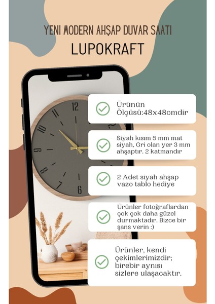 Dekoratif Ahşap Ross Duvar Saati - Siyah & Gri Mdf Çerçeveli, 48CM , Sessiz Mekanizma fiyatları