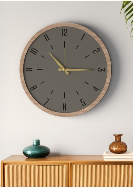 Dekoratif Ahşap Ross Duvar Saati - Siyah & Gri Mdf Çerçeveli, 48CM , Sessiz Mekanizma
