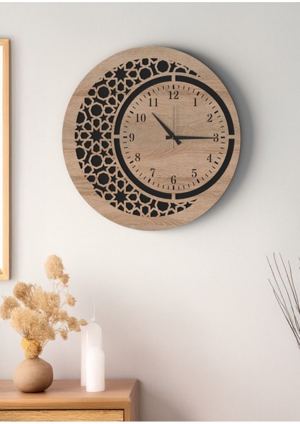 Modern Tasarım Mat Siyah Meşe Islami Motifli Geometrik Desenli Dekoratif Duvar Saati