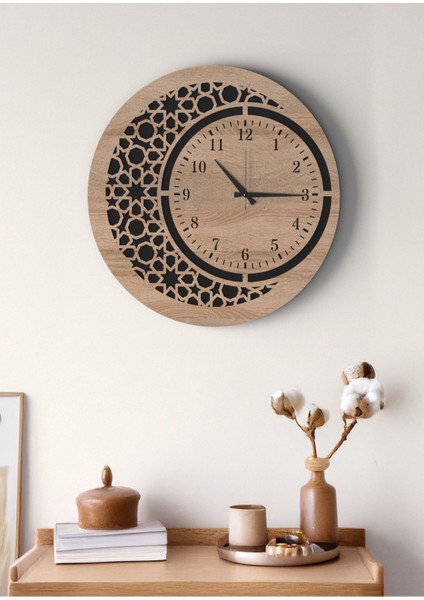 Modern Tasarım Mat Siyah Meşe Islami Motifli Geometrik Desenli Dekoratif Duvar Saati fiyatları