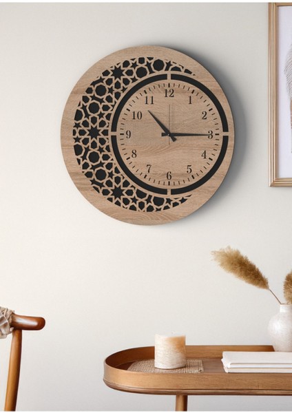 Modern Tasarım Mat Siyah Meşe Islami Motifli Geometrik Desenli Dekoratif Duvar Saati modelleri