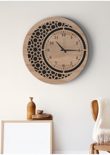 Modern Tasarım Mat Siyah Meşe Islami Motifli Geometrik Desenli Dekoratif Duvar Saati fırsatları