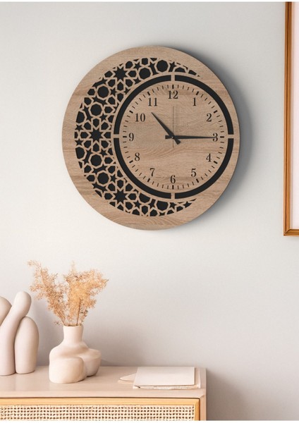 Modern Tasarım Mat Siyah Meşe Islami Motifli Geometrik Desenli Dekoratif Duvar Saati indirimleri