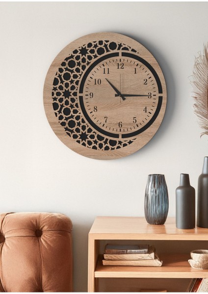 Modern Tasarım Mat Siyah Meşe Islami Motifli Geometrik Desenli Dekoratif Duvar Saati
