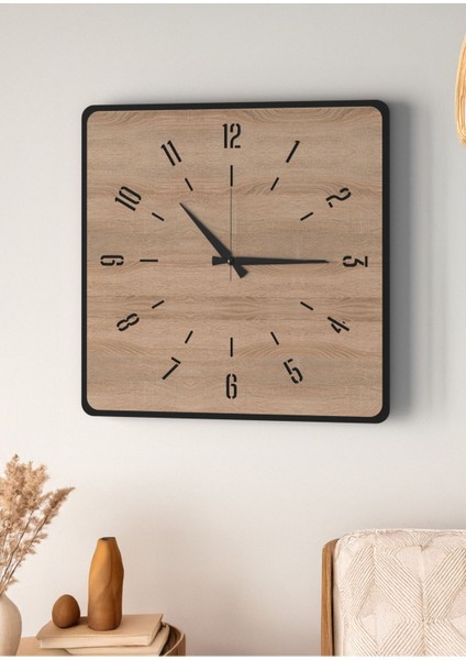 Modern Tasarım Ahşap Duvar Saati | Siyah & Sonomo Mdf | 48CM Büyük Boy