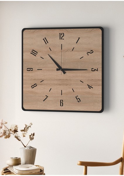 Modern Tasarım Ahşap Duvar Saati | Siyah & Sonomo Mdf | 48CM Büyük Boy