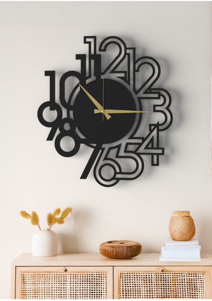 Ahşap Duvar Saati - Modern Tasarım Siyah Soyut Rakamlı 5mm Dekoratif Salon Ofis Saati
