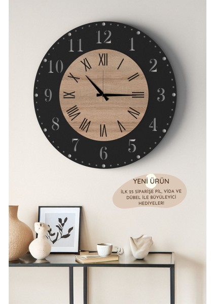 Büyük Boy Modern Duvar Saati Siyah Meşe - Romen ve Türkçe Rakamlı Şık Tasarım Salon Ofis Saati