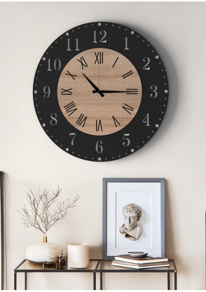 Büyük Boy Modern Duvar Saati Siyah Meşe - Romen ve Türkçe Rakamlı Şık Tasarım Salon Ofis Saati modelleri