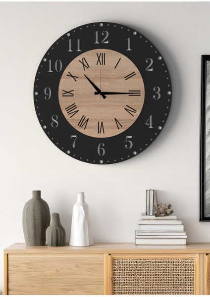 Büyük Boy Modern Duvar Saati Siyah Meşe - Romen ve Türkçe Rakamlı Şık Tasarım Salon Ofis Saati fırsatları