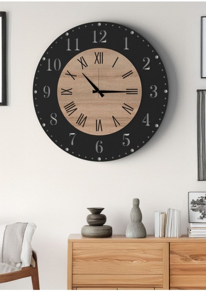 Büyük Boy Modern Duvar Saati Siyah Meşe - Romen ve Türkçe Rakamlı Şık Tasarım Salon Ofis Saati indirimleri