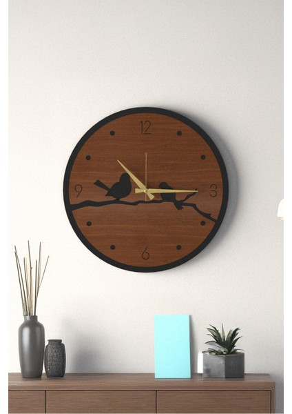 Dekoratif Yeni Modern Errai Ceviz Kuşlu Ahşap Duvar Saati - 48CM