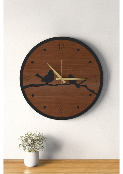 Dekoratif Yeni Modern Errai Ceviz Kuşlu Ahşap Duvar Saati - 48CM