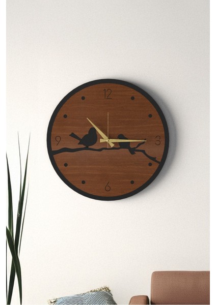 Dekoratif Yeni Modern Errai Ceviz Kuşlu Ahşap Duvar Saati - 48CM
