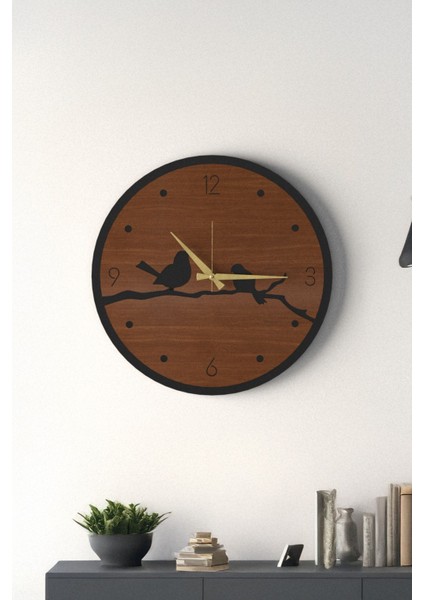 Dekoratif Yeni Modern Errai Ceviz Kuşlu Ahşap Duvar Saati - 48CM