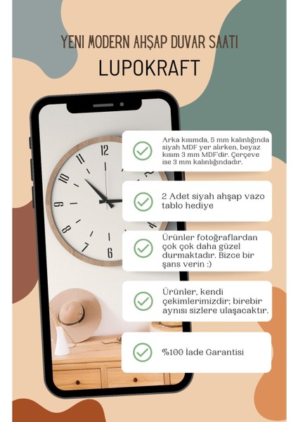Dekoratif Ahşap Ross 128 Duvar Saati - Siyah & Beyaz Mdf Çerçeveli, 40CM, Sessiz Mekanizma fiyatları