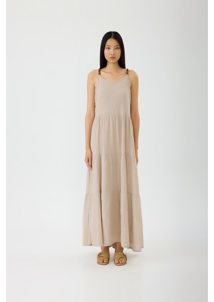 Boncuk Askılı Keten Elbise