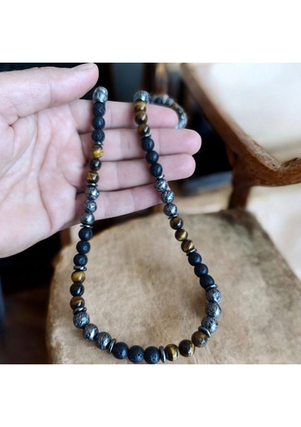 Lav Taşı Kaplan Gözü Kolye Doğal Taş Kolye Bohem Kolye 8 mm Doğal Taş Kolye fırsatları