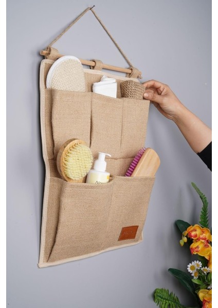 Home 2 Katlı 5 Cepli Duvar Tipi Jüt Düzenleyici Banyo Mutfak Düzenleyici 35 x 45 cm