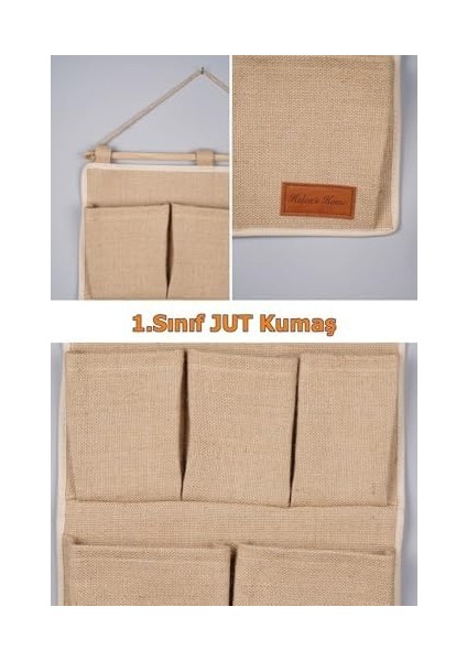 Home 2 Katlı 5 Cepli Duvar Tipi Jüt Düzenleyici Banyo Mutfak Düzenleyici 35 x 45 cm