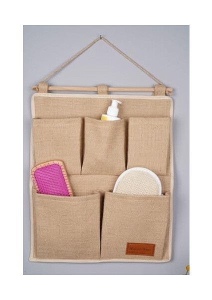 Home 2 Katlı 5 Cepli Duvar Tipi Jüt Düzenleyici Banyo Mutfak Düzenleyici 35 x 45 cm
