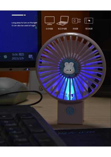 Taşınabilir Mini USB Fan LED Işıklı Masa Üstü 3 Kademeli Dahili Işık Şarj Edilebilir Mini Vantilatör Soğutucu Cep Boyu 11CM Mini Fan YS2269 - Mavi (YS2269 - Mavi)