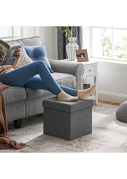 Saklama Alanlı Tabure, Kapaklı Küp, Oturma Sandığı, Saklama Kutusu, Katlanabilir, Maksimum Statik Taşıma Kapasitesi 300 Kg, 40 L, 38 x 38 x 38 cm Suni Keten, Koyu Gri SPF27Z