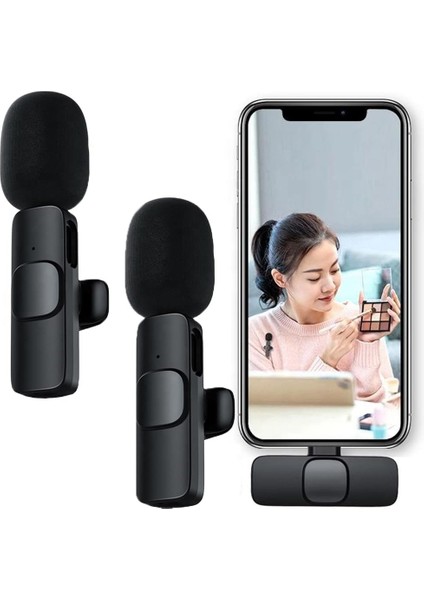 Type-C 2 Adet Mikrofonlu Tek Alıcılı Kablosuz Cep Telefonu Için USB C Girişli Gürültü Önleyicili Profesyonel Dış Mekan Vlog Canlı Yayın Youtuber Yaka Mikrofonu Siyah