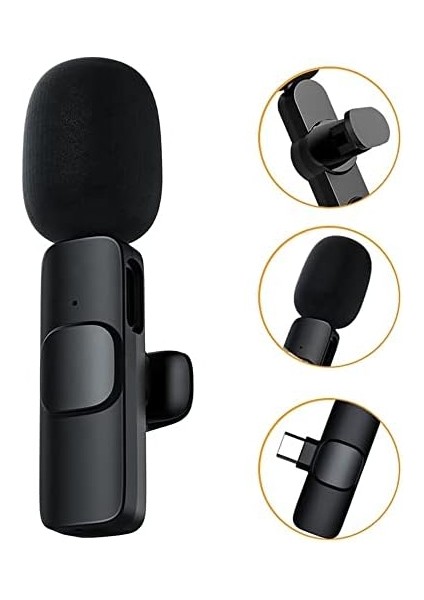 Type-C 2 Adet Mikrofonlu Tek Alıcılı Kablosuz Cep Telefonu Için USB C Girişli Gürültü Önleyicili Profesyonel Dış Mekan Vlog Canlı Yayın Youtuber Yaka Mikrofonu Siyah