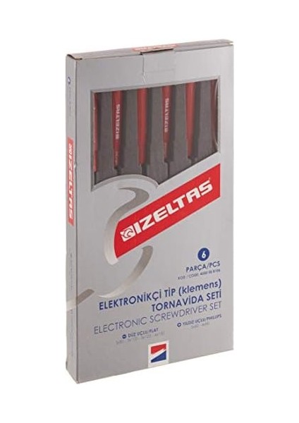 4500008106 Elektronikçi Tip Klemens Tornavidalar, 6'lı, Krom Vanadyum Çelik, Kırmızı