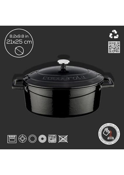 Metal Oval Döküm Tencere, 25 Cm, 3.19 L Hacim, Siyah