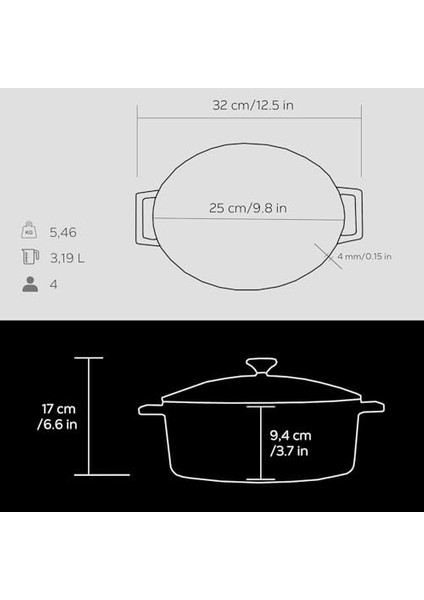 Metal Oval Döküm Tencere, 25 Cm, 3.19 L Hacim, Siyah