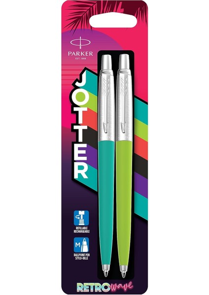Jotter Originals Tükenmez Kalemler | Retrow Koleksiyonu | Karayip Mavisi ve Elma Yeşili | Mavi Mürekkep | Orta Nokta | 2 Adet