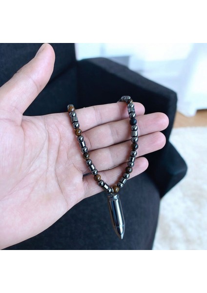 Mermi Kolye Kaplan Gözü Taşı Hematit Taşı Doğal Taş Kolye Bohem Kolye 6 mm Doğal Taş Kolye fırsatları