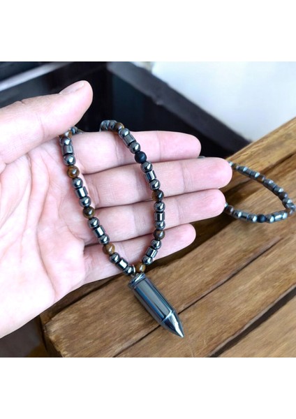 Mermi Kolye Kaplan Gözü Taşı Hematit Taşı Doğal Taş Kolye Bohem Kolye 6 mm Doğal Taş Kolye