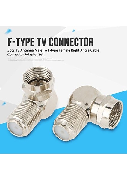 F Tipi Tv Konnektörü, 5 Adet Tv Anteni Erkek - F Tipi Dişi Dik Açılı Kablo Konnektör Adaptör Seti - Koaksiyel Kablolar ve Duvar Plakaları Için 90 Derece F Tipi Adaptör