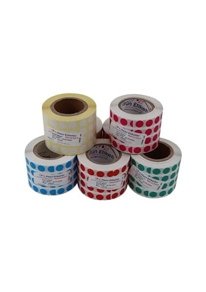 Etiketler , Hazır Al Hızlı Al Kuşe Rulo Renkli Zemin Baskılı, 10MM Çap, 5000 Adet, 5'li Yan Yana (Mavi)