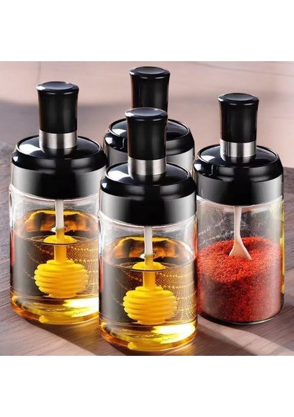 Baharatlık ve Ballık Seti, 4'lü Kavanoz Seti, Kendinden Kaşıklı, Siyah Kapaklı 300 ml