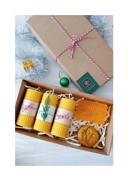 Dekoratif Doğal Petek Balmumu Mum 3 Adet 4.5 CMX10CM Ay ve Güneş Mum Gerçek Ballı Sabun Hediyelik Set Beeswax Candle