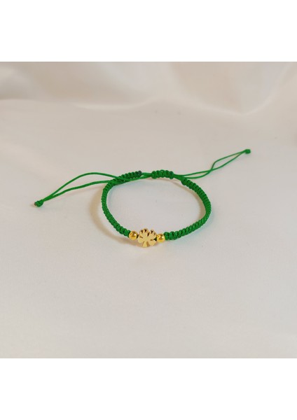 Yeşil Ip Altın Yonca Figürlü Makrome Bileklik- Ayarlanabilir El Yapımı Unisex Şans Bilekliği - Dört Yapraklı Yonca Bileklik- Yonca Figürlü Bileklik- Minimalist Şans Takısı