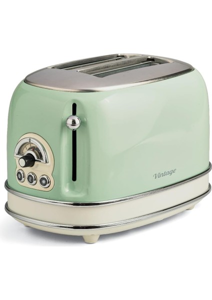 Vintage 155, 2 Dilimli Ekmek Kızartma Makinesi, 6 Tost Kademeli, Otomatik Boşaltma, Buz Çözme Fonksiyonu, Çıkarılabilir Kırıntı Bölmesi, Paslanmaz Çelik Gövde, 810 W, Yeşil