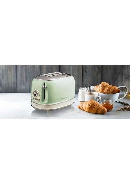 Vintage 155, 2 Dilimli Ekmek Kızartma Makinesi, 6 Tost Kademeli, Otomatik Boşaltma, Buz Çözme Fonksiyonu, Çıkarılabilir Kırıntı Bölmesi, Paslanmaz Çelik Gövde, 810 W, Yeşil