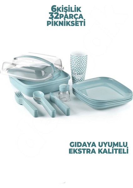 6 Kişilik 32 Parça Piknik Seti - Plastik Piknik Tabak Kaşık Bardak - Mikrodalga Bulaşık Makinesi Uyumlu Ekstra Kaliteli - Turkuaz